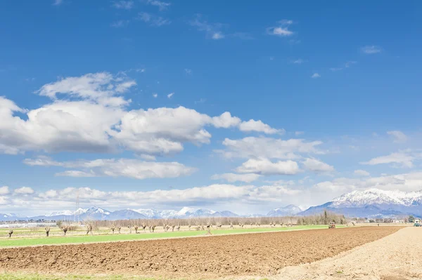 Paysage agricole. Avec tracteur labourer un champ . — Photo