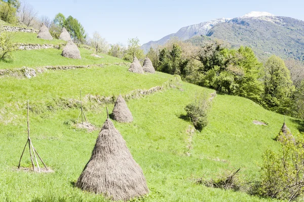 Paisagem rural com palheiros em Alpes Italianos — Fotografia de Stock