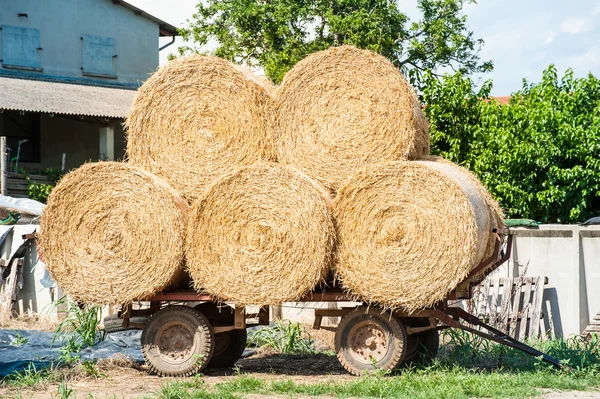 Carrello fattoria con balle di fieno — Foto Stock