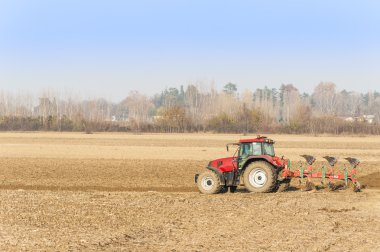 sonbaharda plowing kırmızı traktör.