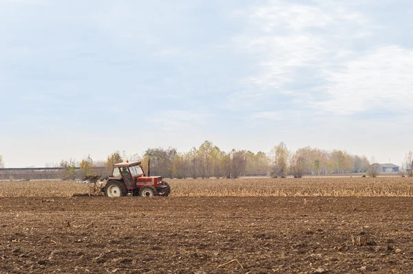 Piros traktor, őszi szántás — Stock Fotó