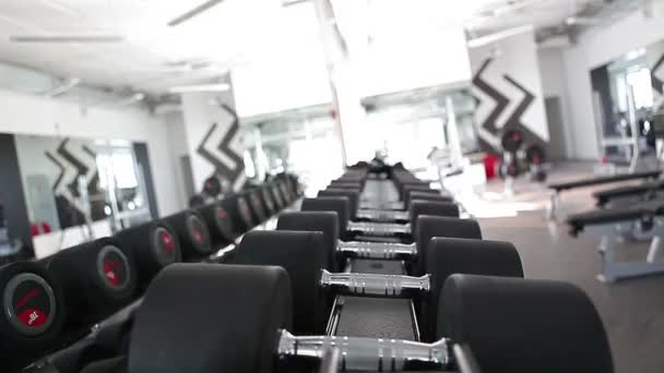 Sports dumbbells rubber in modern sports club. Weight Training Equipment. Camera in motion