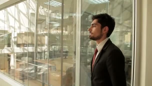 Бізнесмен ходить навколо офісної будівлі . — стокове відео