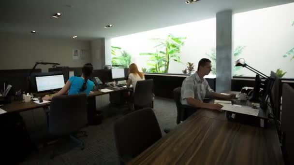 Проміжок часу зайнятих працівників міського офісу, які працюють разом у великому сучасному офісі — стокове відео