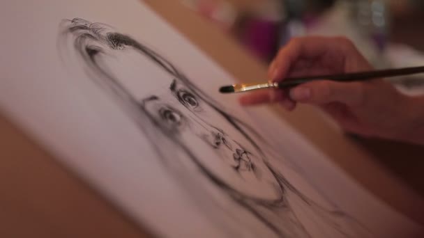 Artista pinta um retrato de uma bela mulher — Vídeo de Stock