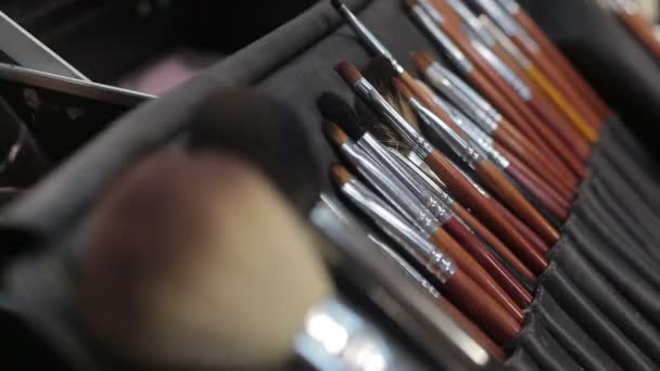 Schminkpinsel auf dem Tisch. Pinsel-Set für Make-up — Stockvideo