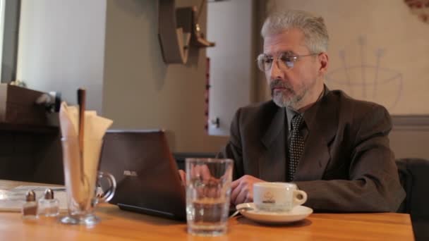 Hombre de negocios adulto escribiendo en el ordenador portátil en la cafetería, trabajando en el ordenador portátil — Vídeo de stock