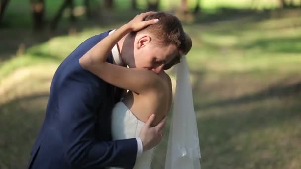 Bruid en bruidegom knuffelen, zoenen en glimlachen op hun trouwdag, in het park. — Stockvideo