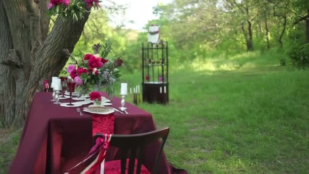 Boda decoración de mesa en la naturaleza en un día soleado — Vídeos de Stock