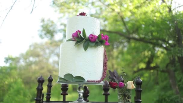 No antigo suporte de madeira bolo de casamento bonito à luz do sol — Vídeo de Stock