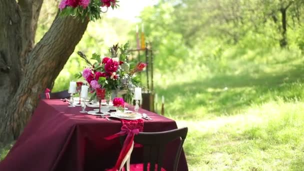 Декор свадебного стола на природе в солнечный день — стоковое видео