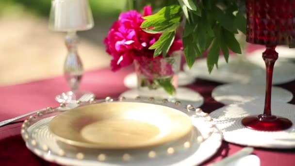 Boda decoración de la mesa en la naturaleza con velas, primer plano. Steadicam tiro — Vídeos de Stock