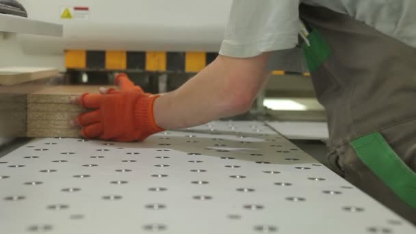 Schrijnwerker de plank in om de machine in het midden van een werkende winkel. Moderne houtbewerking machine — Stockvideo