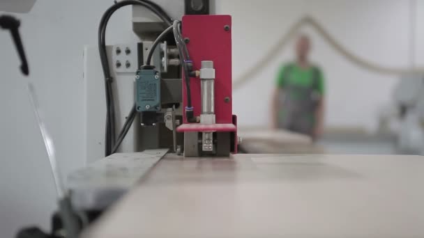 Schrijnwerker de plank inbedrijfstelling van de houtbewerking machine. Moderne machine. — Stockvideo