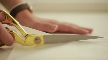 Dikiş desenleri ve bir tekstil fabrikasında makas ile moda tasarımcısı. Şablonunu özelleştirin. Tasarımcı makas kağıt