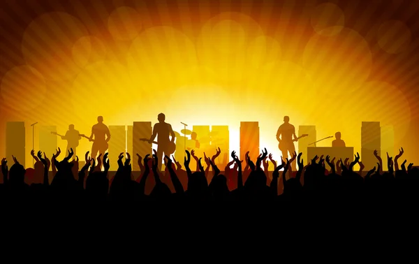 Concierto de rock, gente levantando las manos — Vector de stock