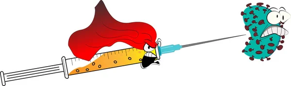 Kahraman olarak gizlenmiş şırınganın bir göstergesi, insanlığın tedavisi olarak, covid-19 'u kovalıyor.