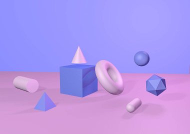 Üç boyutlu illüstrasyon. Mavi ve pembe arkaplanda geometrik şekiller grubu, toroid, koni, koni, dikdörtgen, küre, tüp, silindir, piramit