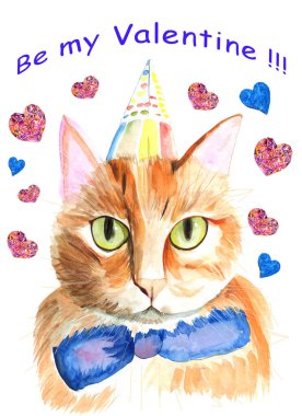 Fiyonklu kırmızı kedi. Şenlik şapkası. Elmas kırmızı kalpler. Mavi kalpler.