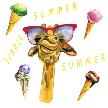 Kırmızı gözlüklü neşeli zürafalı el yapımı suluboya kart..