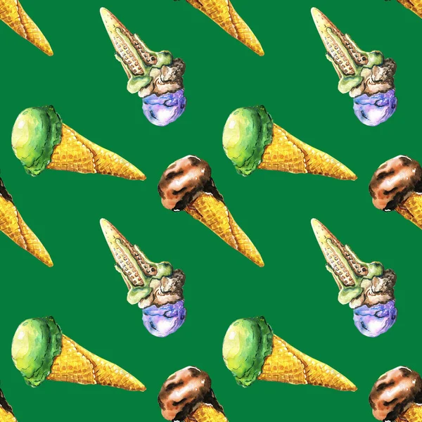 Візерунок з морозивом в конусі на зеленому фоні — стокове фото