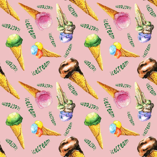 Pattern with ice cream in a cone on a green background