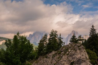 Alplerin güzel manzarası, Passo San Pellegrino, Kuzey İtalya