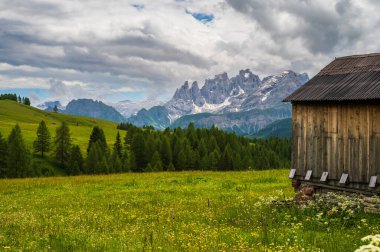 Alplerin güzel manzarası, Passo San Pellegrino, Kuzey İtalya