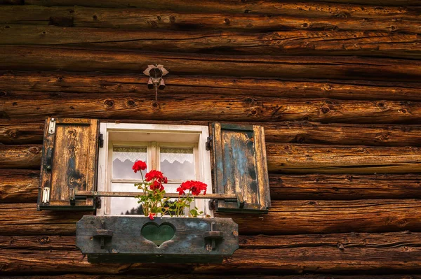 Närbild Fasad Hus Alperna Passo San Pellegrino Norditalien — Stockfoto