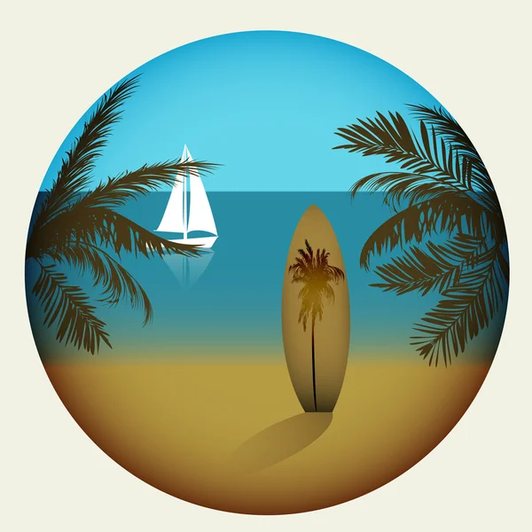 Playa con palmeras y tabla de surf — Vector de stock