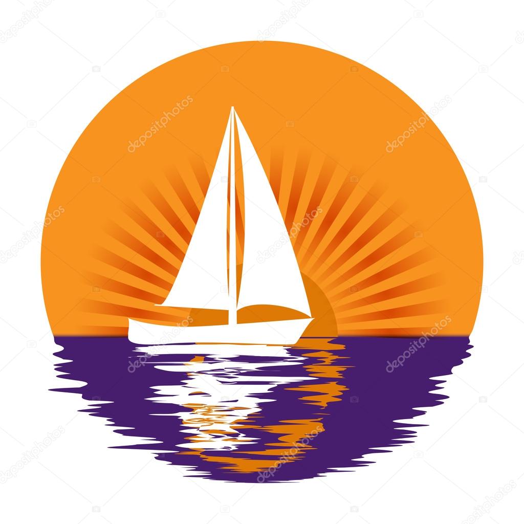 Yacht on a background of sun rays Logo