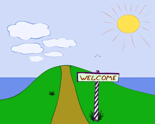 Η πινακίδα "Καλώς ήλθατε" κοντά στο δρόμο στους λόφους — Διανυσματικό Αρχείο