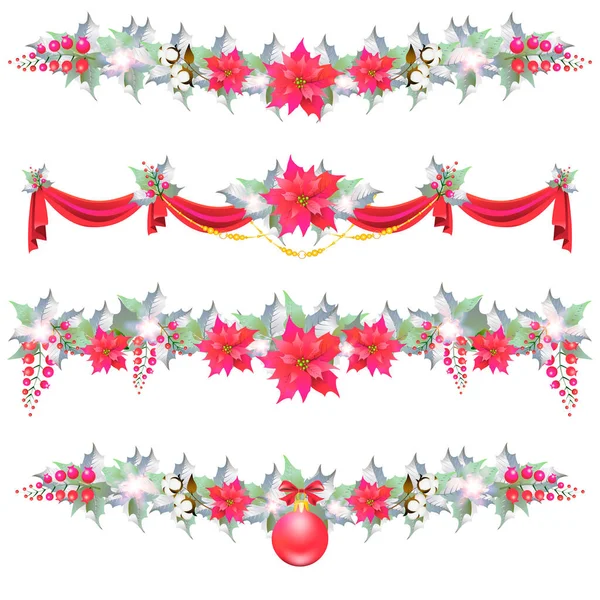 Рождественская Гирлянда Пуансетцией Красными Лентами Белом Фоне — стоковое фото