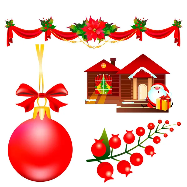 白い背景に隔離されたポインセチアと赤いボールを持つクリスマスのガーランド — ストックベクタ