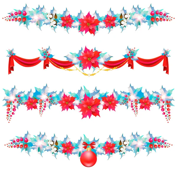 Christmas Garland Poinsettia Red Ribbons Isolated White Background — Stock Vector