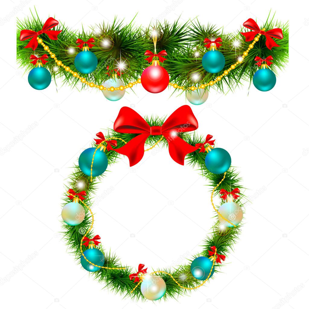 Christmas garland and wreath with baubles and red ribbons isolated on white background
