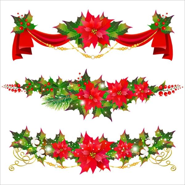 Kerst Slingers Met Poinsettia Rode Linten Geïsoleerd Witte Achtergrond — Stockvector