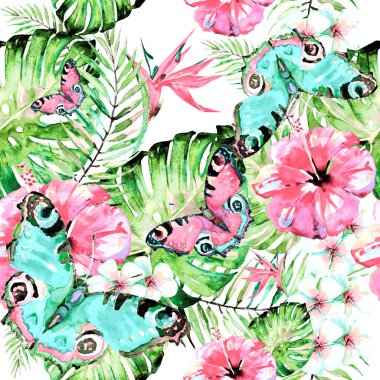 Palmiye yaprakları ve kelebeklerle kusursuz egzotik çiçek deseni 