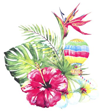 Güzel tropikal palmiye yaprakları ve hava balonlu çiçekler 