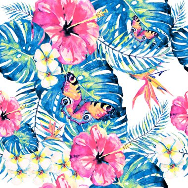 Palmiye yaprakları ve kelebeklerle kusursuz egzotik çiçek deseni 