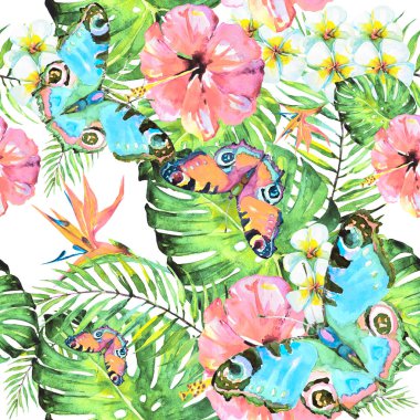 Palmiye yaprakları ve kelebeklerle kusursuz egzotik çiçek deseni 