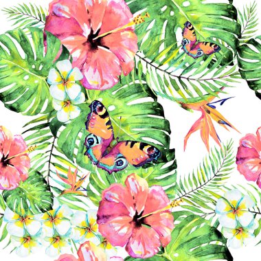 Palmiye yaprakları ve kelebeklerle kusursuz egzotik çiçek deseni 