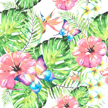 Palmiye yaprakları ve kelebeklerle kusursuz egzotik çiçek deseni 