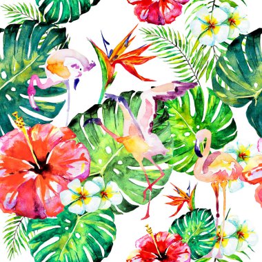 Palmiye yaprakları ve flamingolarla kusursuz egzotik çiçek deseni 