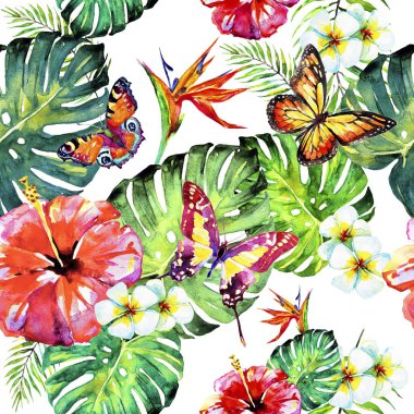 Palmiye yaprakları ve kelebeklerle kusursuz egzotik çiçek deseni 