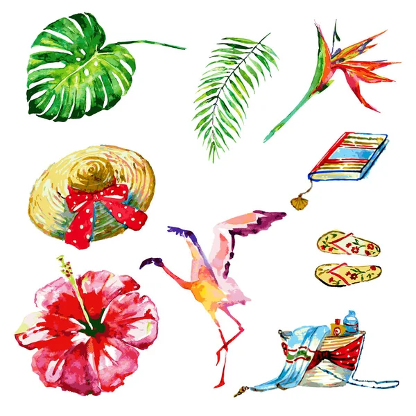 Composition Beautiful Tropical Flower Palm Leaves Flamingo Beach Accessories Isolated — Stock Photo, Image