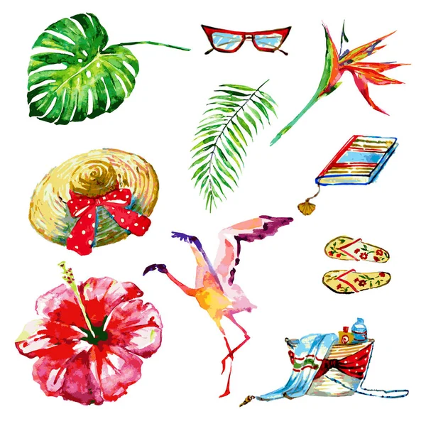 Composition Belle Fleur Tropicale Avec Feuilles Palmier Flamant Rose Accessoires — Image vectorielle