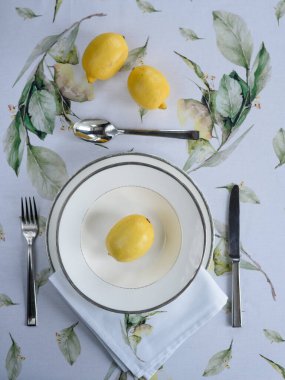 Güzel masa örtüsü, baskılı masa örtüsü, sarı limon.