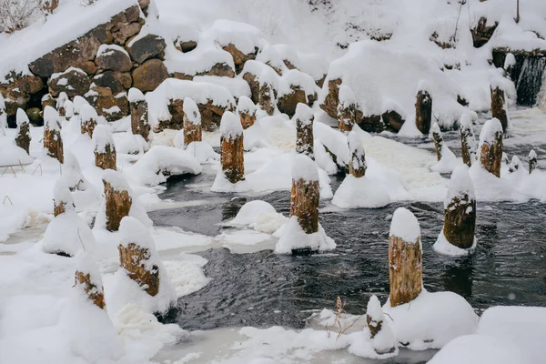 Holzpfähle Ragen Aus Gefrorenem Wasser — Stockfoto