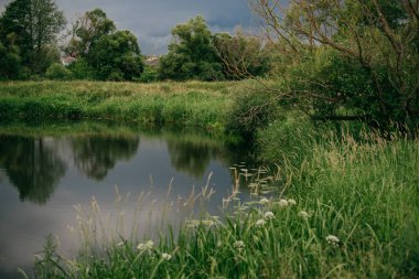 Fırtınadan önce yaz tarlası ve göl. Kara uğursuz bulutlar.